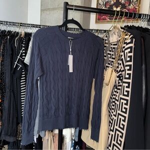 Minnie Rose Frayed Cable Crewneck Sweater Navy Y6938 Womens Small New NWT $155